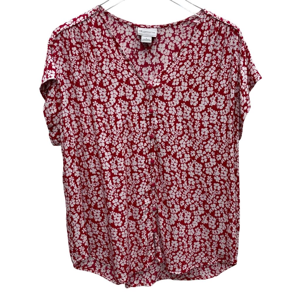 Liz Claiborne Red and White Floral Short Sleeve Top Size Large